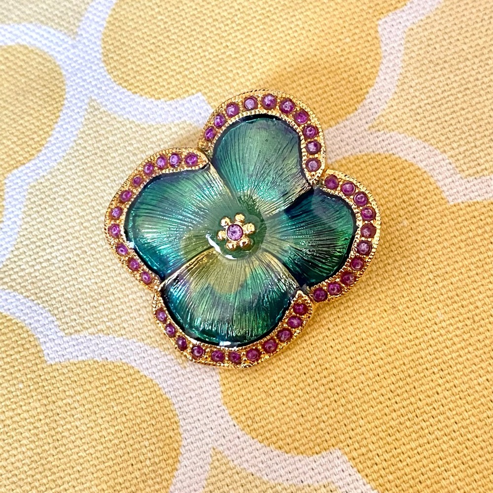 Vintage Iridescent Poppy Flower Brooch Gold, Green & Purple Rhinestone Pin